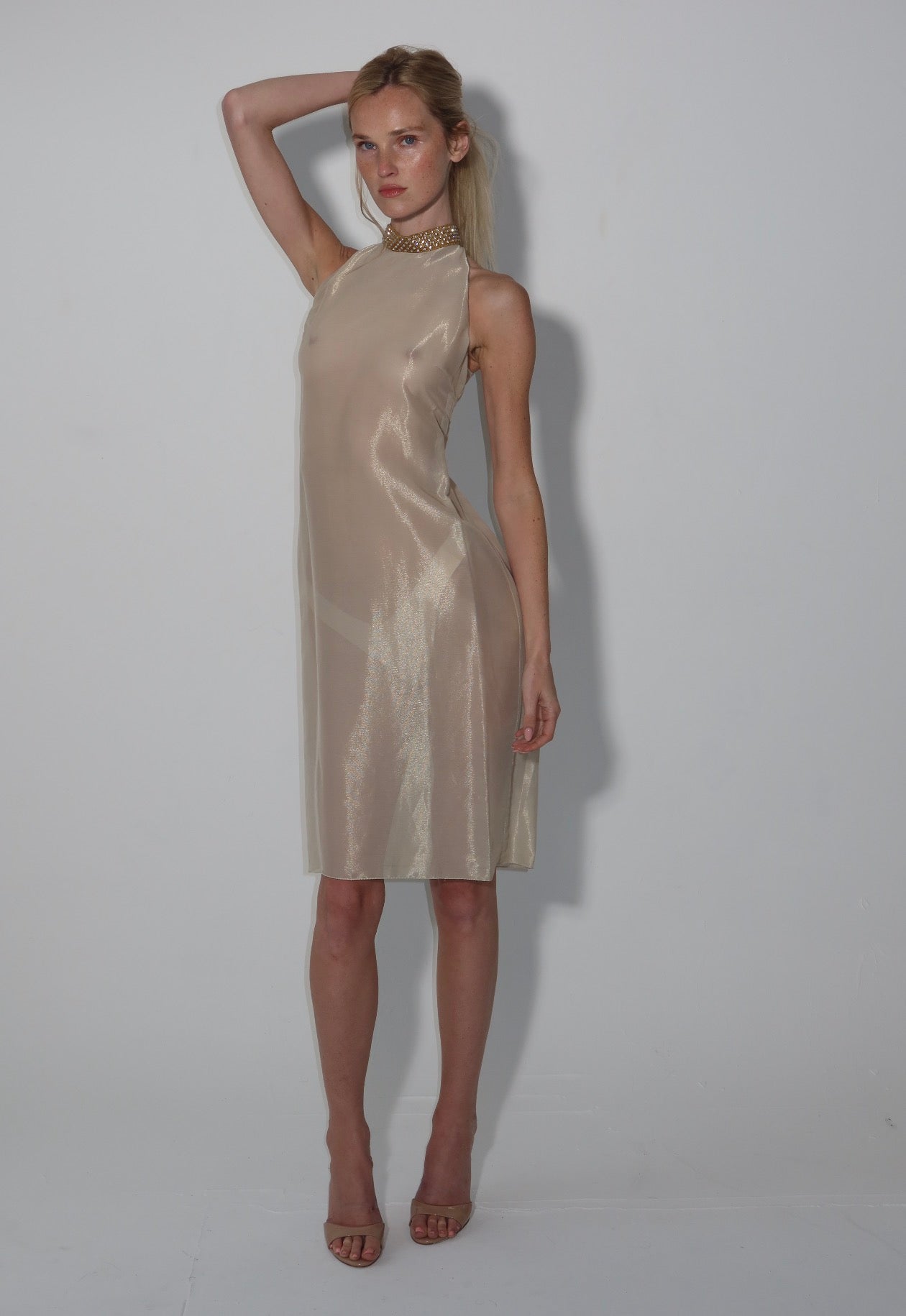 Miu Miu S/S 2000 runway finale sheer gold dress