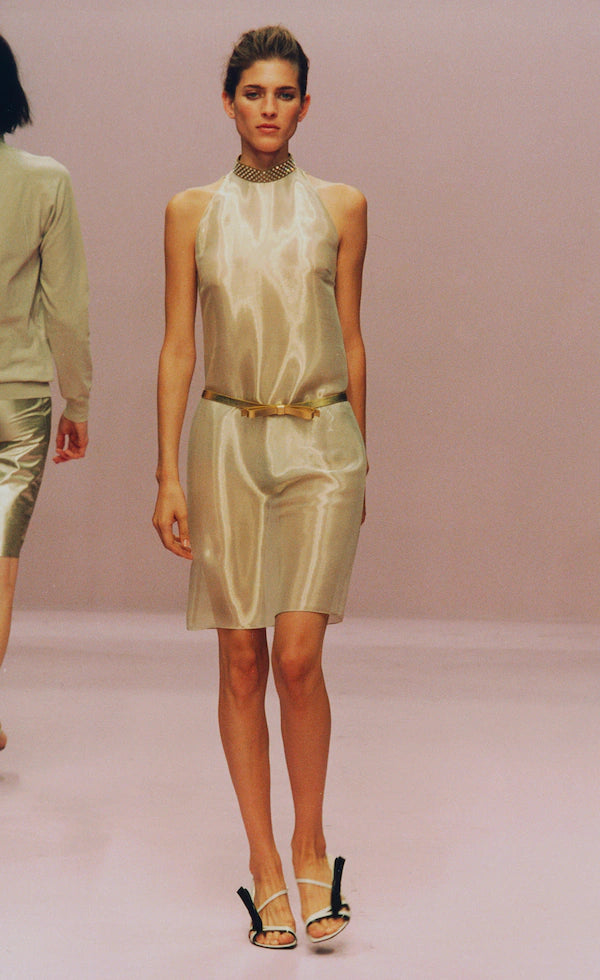 Miu Miu S/S 2000 runway finale sheer gold dress