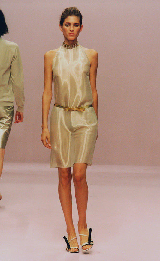 Miu Miu S/S 2000 runway finale sheer gold dress
